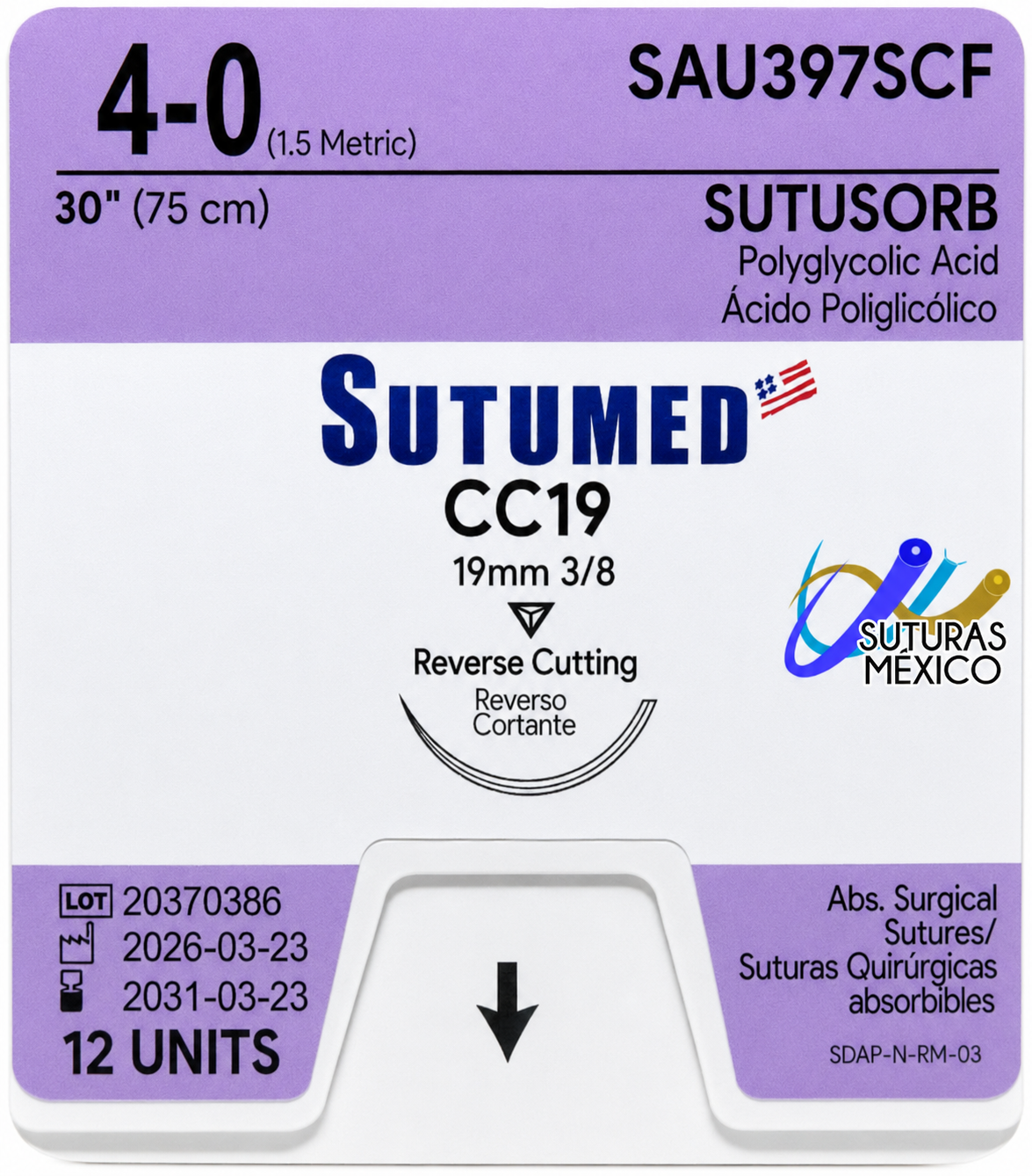 SUTURA SUTUMED PGA 4-0 3/8 CIRCULO CORTANTE CON 12 PIEZAS