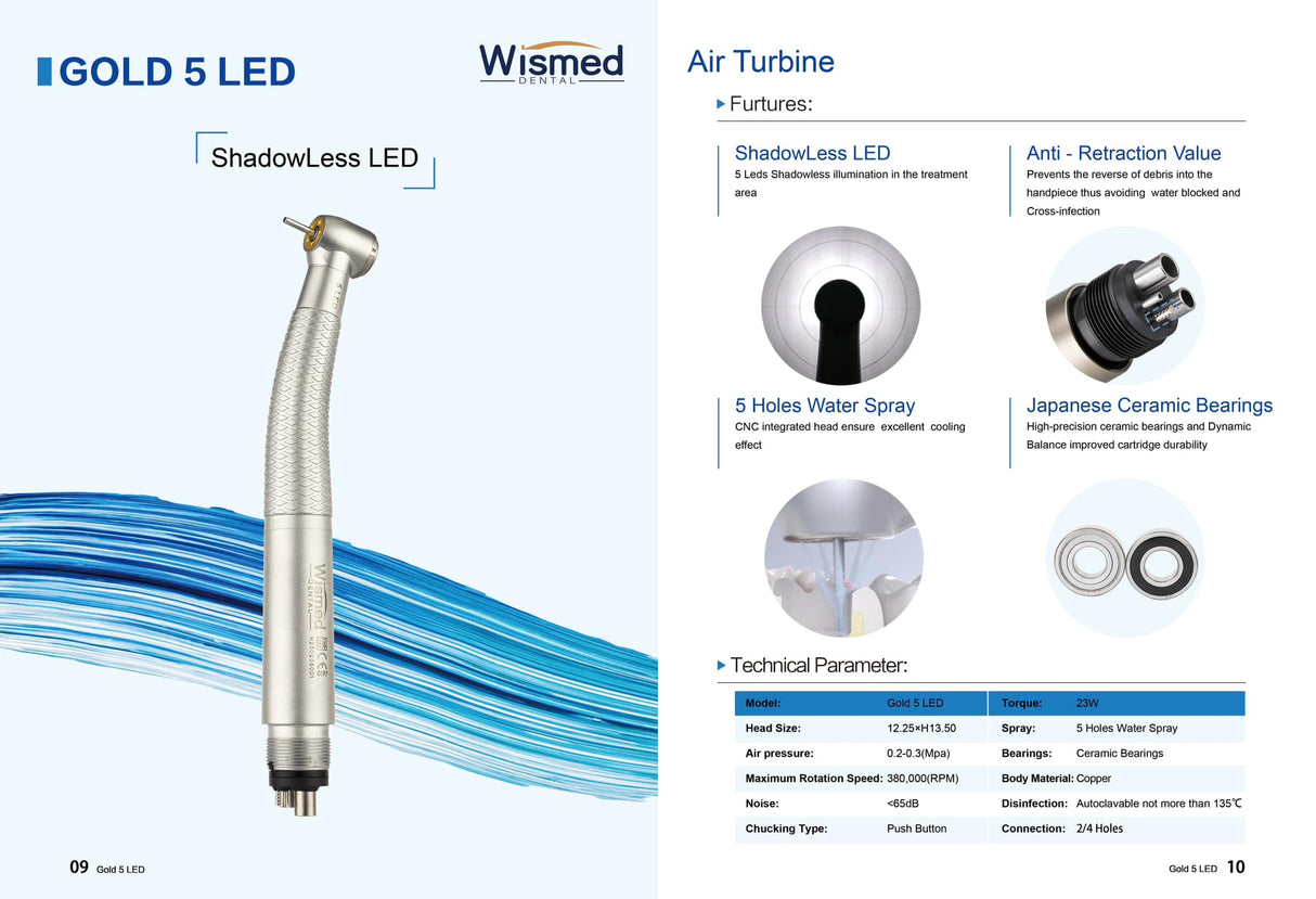 Gold 5 Led - Pieza de Mano Alta Velocidad 4L con Push Button - Wismed