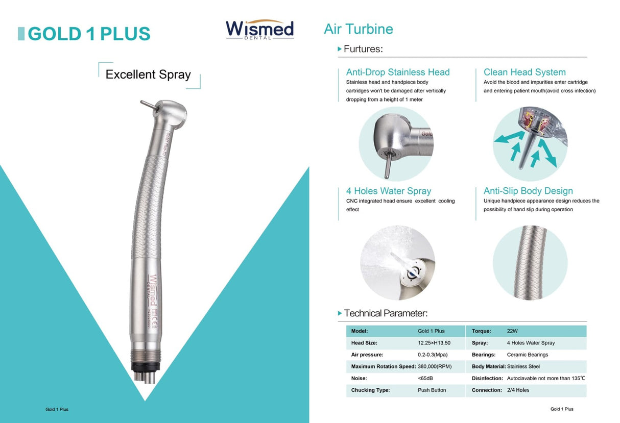 Gold 1 Plus - Pieza de Mano de Alta Velocidad Wismed con Spray de 4 Orificios