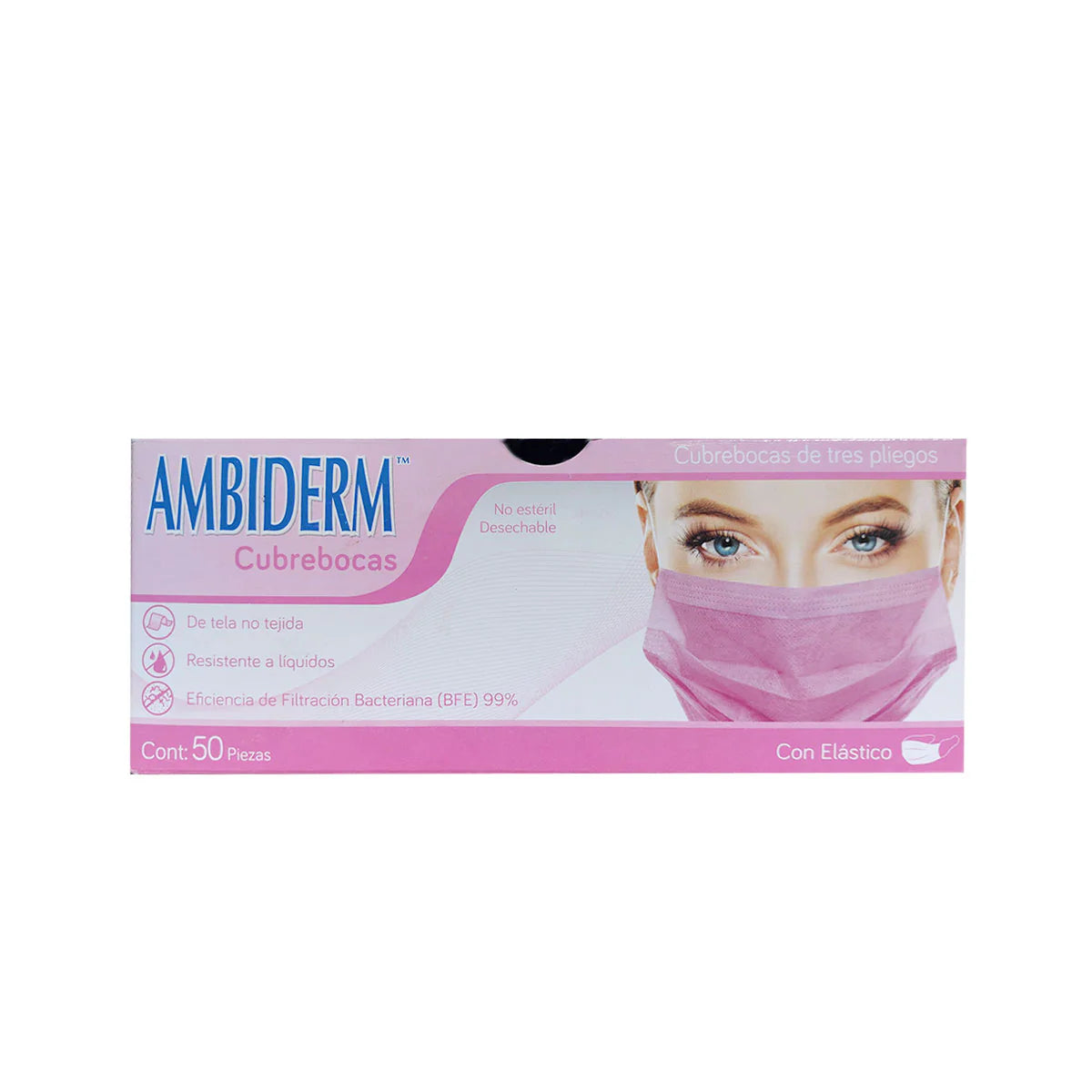 Cubrebocas de 3 Pliegos con Elástico Rosa Caja con 50 pzas -Ambiderm